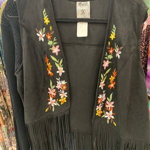 NWT Vocal black vest with embroidered flowers and fringe